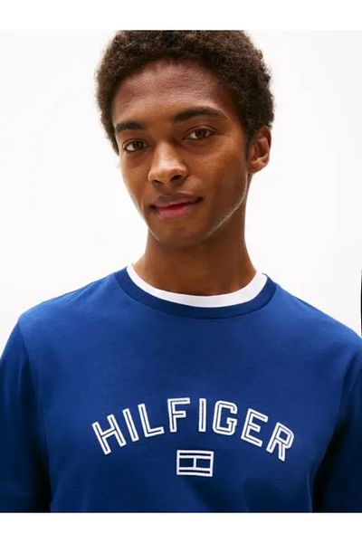 Tommy Hilfiger Men's Regular Fit Cotton Logo Printed Cotton Round Neck Short Sleeve Blue T-Shirt Mw0Mw39357-C7