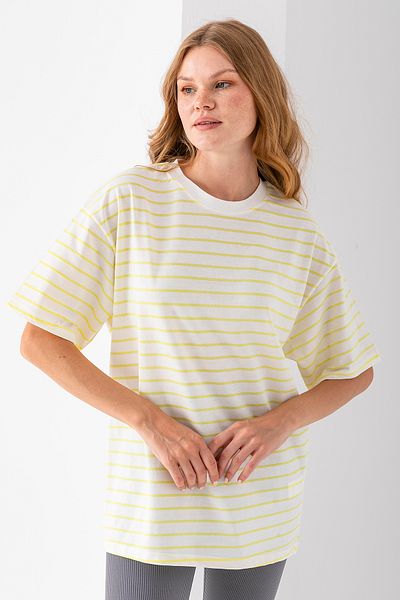 GİYSA Women's Crew Neck Oversize Basic Striped T-Shirt Yellow - 25700