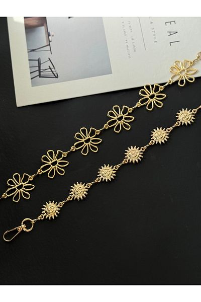 TABA BUTİK Flower & Sun Buckle Detailed 2-Piece Gold Adjustable Women's Chain Belt
