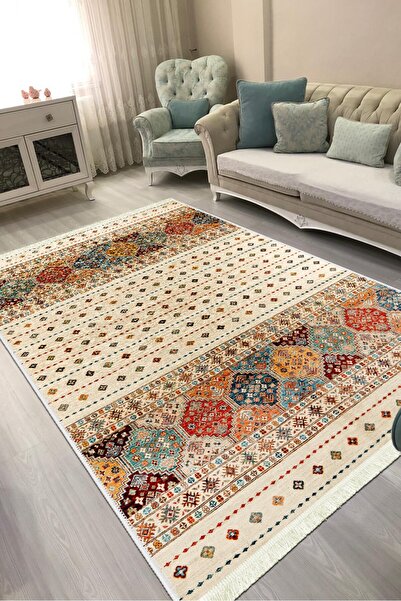 VOPTEKS Renkli Vintage Halı Salon Halısı Makinede Yıkanabilir Kaymaz Taban Halı