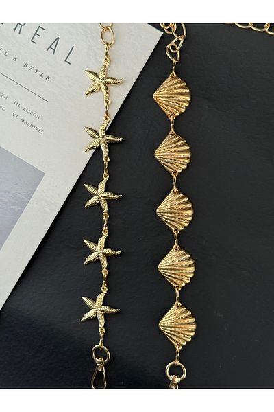 TABA BUTİK 2-Piece Gold Adjustable Women's Chain Belt with Mussel & Star Buckle Detail