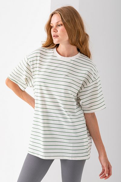GİYSA Women's Crew Neck Oversize Basic Striped T-Shirt Light Green - 25700