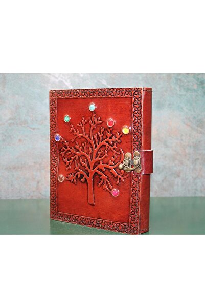 Kuzey Tacı Colorful Stone Tree of Life Embossed Handmade Leather Notebook – Vintage Design Vip with Lock