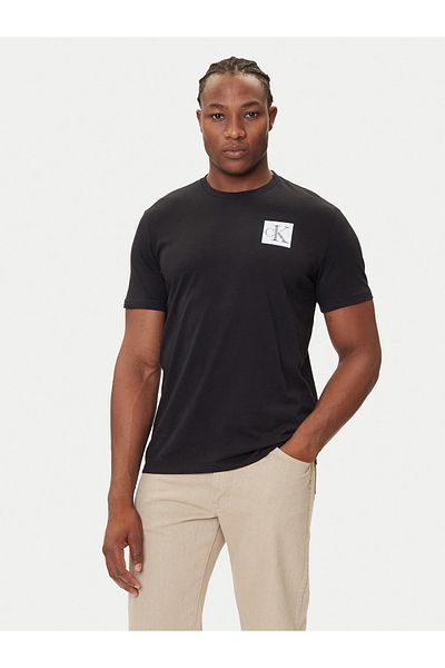 Calvin Klein Men's 100% Cotton Round Neck Short Sleeve Black T-Shirt with Ck Logo on the Chest Lv04Rc859G-Ub1