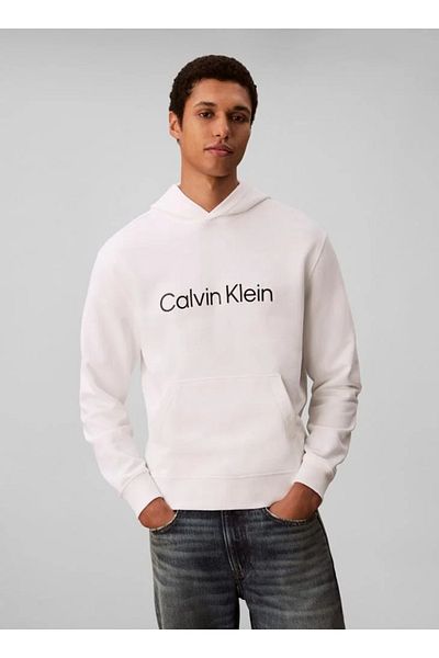 Calvin Klein Men's Comfortable Fit Hooded Logo Printed on the Chest Long Sleeve White Sweatshirt Lv14Ld231G-Yaf
