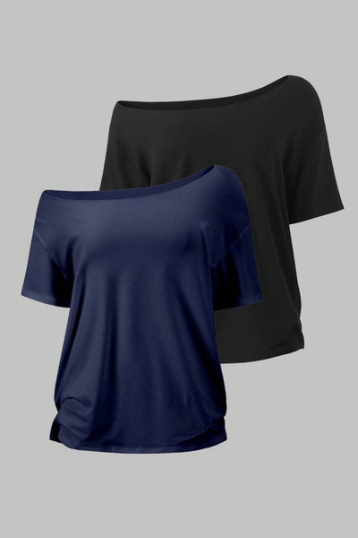 COOL TARZ Μαύρο Navy Blue 2 Pack Γυναικείο μπλουζάκι με λαιμόκοψη και oversize