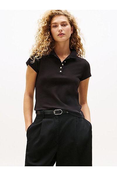 Tommy Hilfiger Women's Slim Fit Gold Button Detail Flexible Cotton Short Sleeve Black Polo Neck T-Shirt Ww0Ww45768-Bds