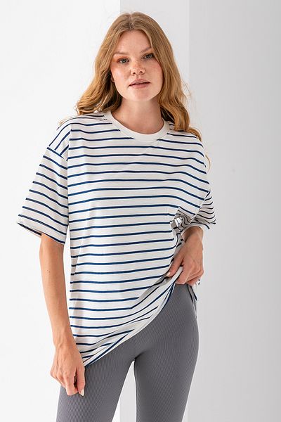 GİYSA Women's Crew Neck Oversize Basic Striped T-Shirt Navy Blue - 25700
