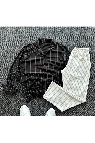 NewCabin New Season Premium Crepe Fabric Striped Shirt-Pants Set of 2