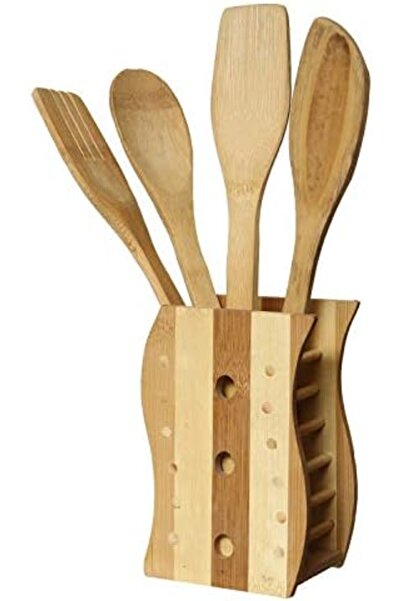 Other 5 Pcs Wooden Spoons for Cooking With Stand, Brown