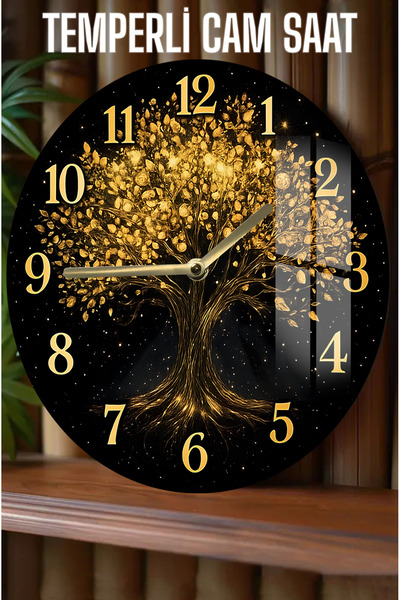 kutuTR Altın Yapraklı Hayat Ağacı Tasarımlı3D Görünümlü Temperli Cam Saat – 33 cm CSDW175