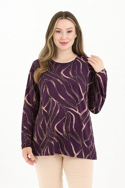 Ravencia Women's Middle Age and Above Print Patterned Glitter Purple Slit Mother Combed Cotton Blouse