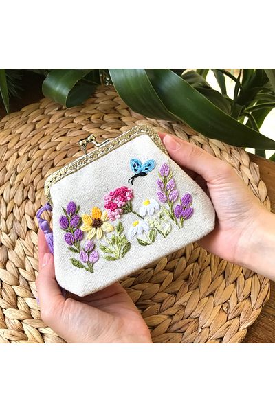 Home 15X10 Measures Linen Fabric Handcrafted Wildflower Mini Wallet 100% Handcrafted