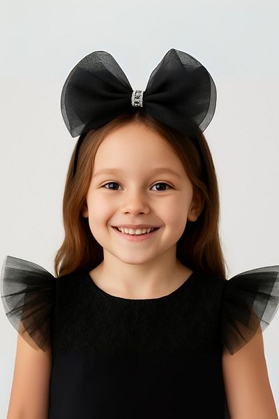 ESİLA KİDS Girl's Crown Black Stone Detailed Big Bow Tulle Model – Stylish and Elegant Hair Accessory