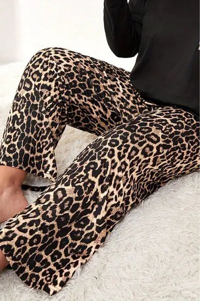 Farya Home Plus Size Soft Velvet Textured Leopard Print Suede Pajama Bottoms Pants