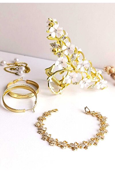 RSB Küpe Halka XupınGG, Toka ve Bileklik Altın Kaplama Zirkon Taş 316 L Çelik 3'lü Set