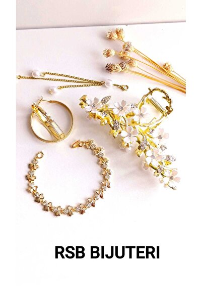 RSB Küpe Halka XupınGG, Toka ve Bileklik Altın Kaplama Zirkon Taş 316 L Çelik 3'lü Set