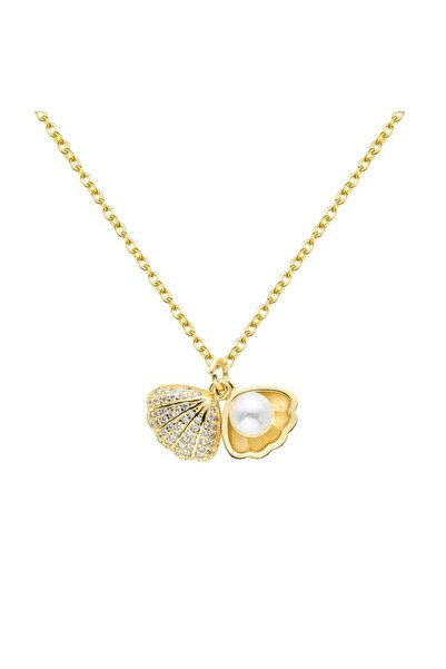 ASD TAKI قلادة من الفولاذ على شكل محارة مرصعة باللؤلؤ والزركون (غير قابلة للإ...