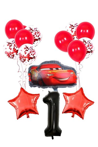 PARTİAVM 1 Year Old Black Number Balloon Birthday Party Set Cars Lightning Balloon Red Sequin Transparent Balloon