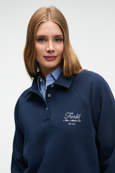 GRIMELANGE Camirel Women's Polo Neck Buttoned Embroidery Detailed Raglan Sleeve Comfort Fit Navy Blue Sweatshirt