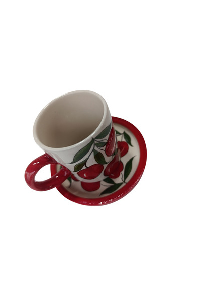 shop El Yapımı Kiraz Desenli Kırmızı Seramik Fincan Kupa