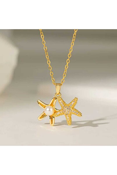 ASD TAKI قلادة من الفولاذ على شكل نجم البحر مرصعة باللؤلؤ والزركون (غير قابلة...