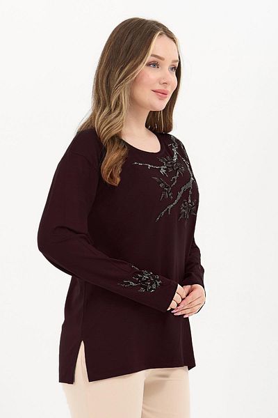Ravencia Women's Middle Age and Above Viscose Colored Leaf Patterned Stone Embroidered Lycra Dark Claret Red Mother Combed Cotton Bl
