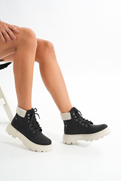 Budi Lmç-2045 Black-Beige Sole Lace-Up Thick Sole Women's Daily Boots