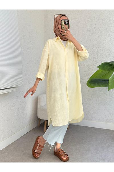 Modamorfo Oval Cut Karash Long Casual Tunic - Light Yellow