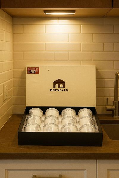 MOSTAFA 12-piece white coffee cup set with silver pattern