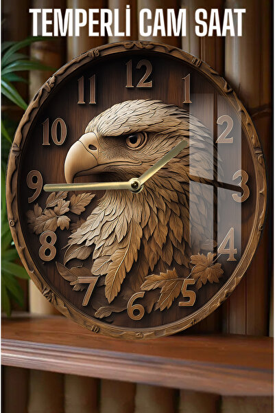 kutuTR Kartal Desenli Ahşap Görünümlü Tasarım! 3D Görünümlü Temperli Cam Saat – 33 cm CSDW171