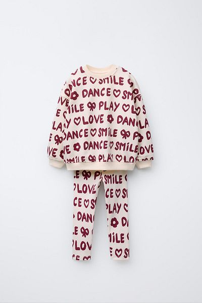 Magu Girl's Cotton Ecru Claret Red Text Printed Sweatshirt and Leggings Set - Love Smile Dance