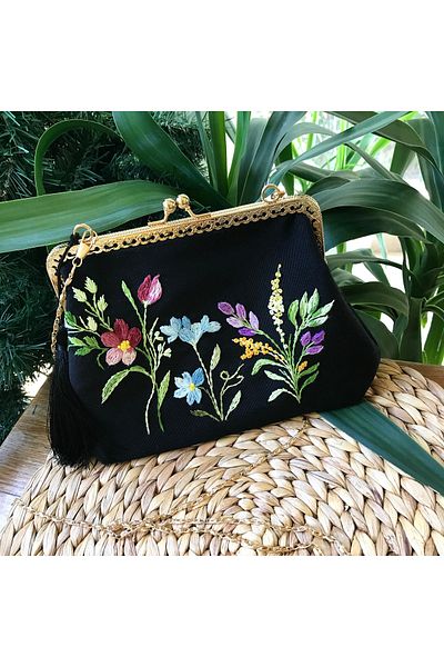 Home Black Linen Hand Embroidered Vintage Style Bag. Gold Color Chain Detailed. 100% Handmade 24X16 Size