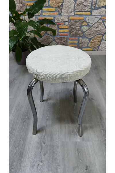 FurkanTicaret Krem Renk Lastıklı Çubuk Desen Jakarlı Yuvarlak Standart Tabure Örtüsü 28-35cm Uyar 1 Adet