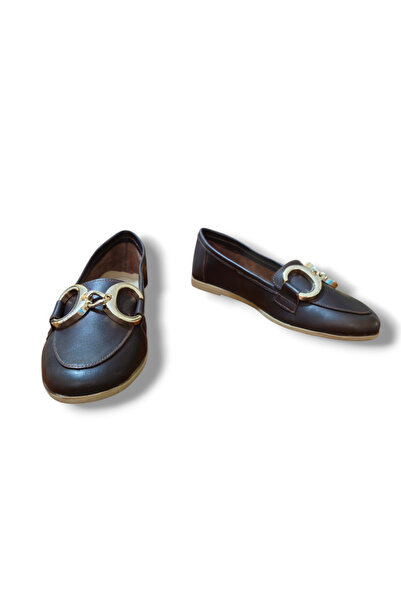 BARONES SHOES Brown Genuine Skin Leather Gold Buckle Women's Loafer