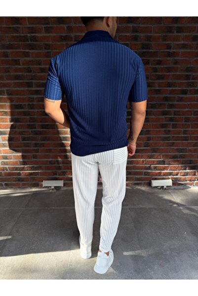 Combineman35 Men's Striped Polo Neck T-Shirt and Pants Combination