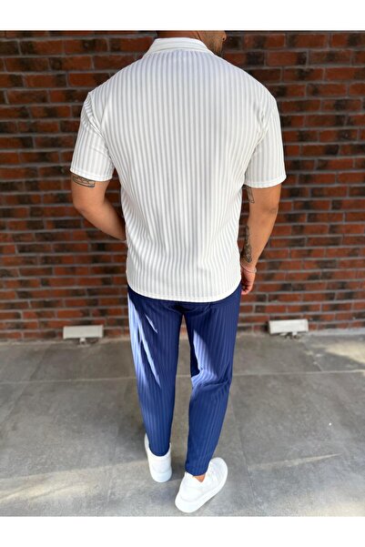 Combineman35 Men's Striped Polo Neck T-Shirt and Pants Combination