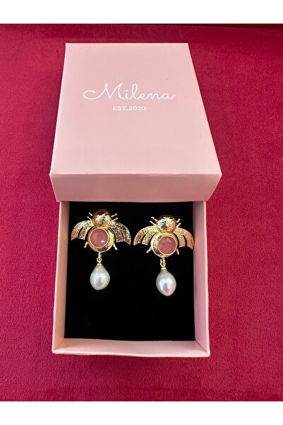 Milena Designer Store Milena Istanbul Pearl Dangle Pink Stone Design Earrings