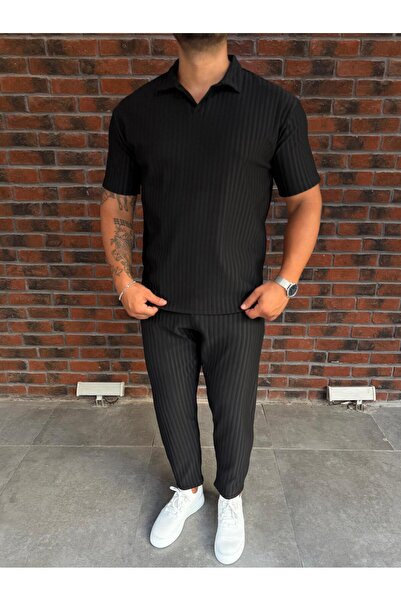 Combineman35 Men's Striped Polo Neck T-Shirt and Pants Combination