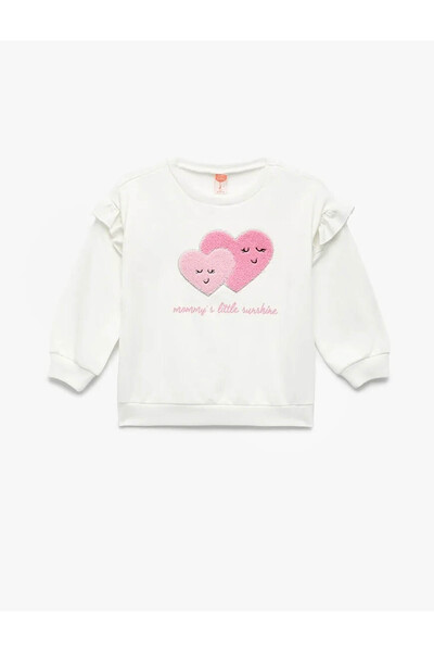 Koton Long Sleeve Crew Neck Cotton Heart Appliqued Hooded Sweatshirt