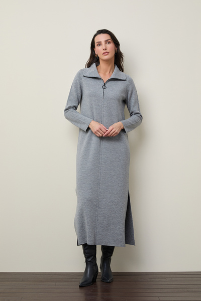 Serianno %100 Yün Fermuarlı Polo Yaka Yırmaç Detaylı Elbise