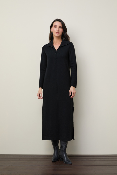 Serianno %100 Yün Fermuarlı Polo Yaka Yırmaç Detaylı Elbise