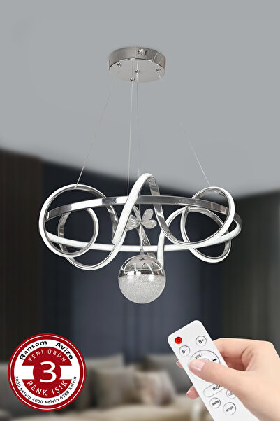 RANSOM 3 Renk Kumandalı Toplu Led Avize Güneş Krom Büyük Boy Salon Gümüş Kasa Ledli Avize