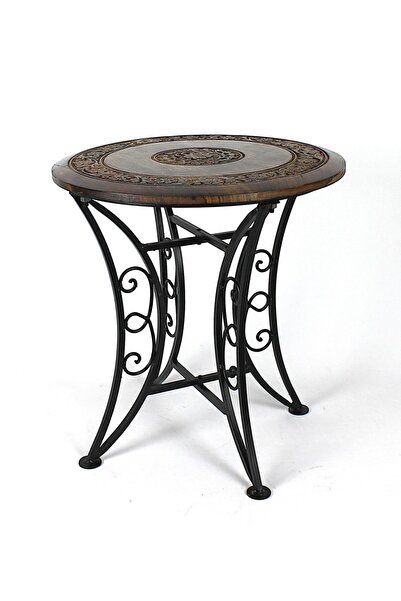 Otantik Çarşı Eskitme Ahşap Ferforje Yuvarlak Sehpa 45x45x47 cm.