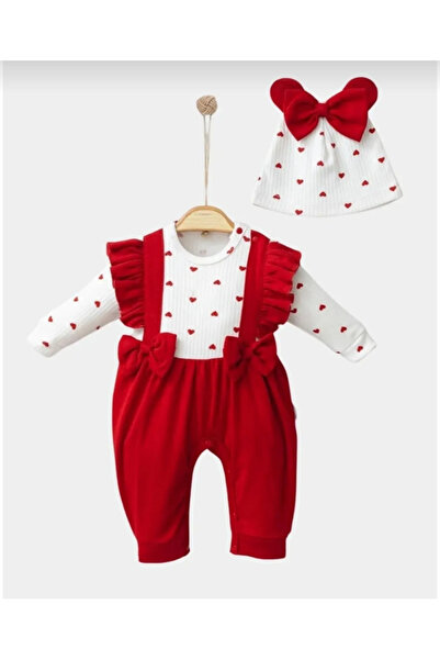 miniyou Baby Girl Cute Heart Red Ruffle Strap Newborn Bow Beret Jumpsuit