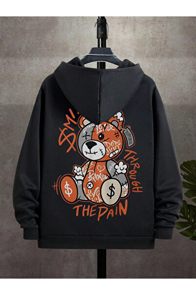 Deep sense Hanorac negru pentru bărbați, cu glugă, cu fermoar, oversize, card...