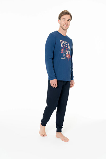 U.S. Polo Assn. Σετ ανδρικές πιτζάμες, με τσέπες, 100% βαμβάκι, μακρυμάνικο, λαιμόκοψη, USPA με τύπωμα , Indigo