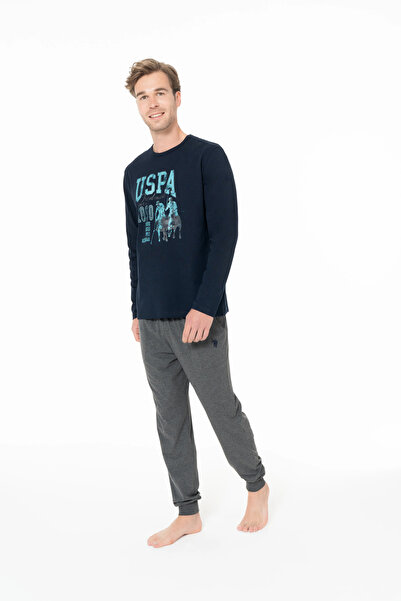 U.S. Polo Assn. Чоловічий піжамний комплект, з кишенями, бавовняний, з довгими рукавами, комір-стійка, з принтом USPA, темно-синій