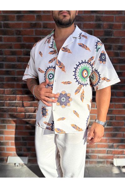 Baycombine35 Men's Hawaiian Style Floral Patterned Summer Linen Shirt