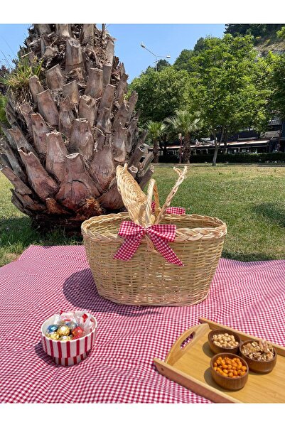 Beyaz Atölyem Büyük Boy Kırmızı Xxl Hasır Kapaklı Piknik Sepeti Seti (sofra bezi ve sepet)